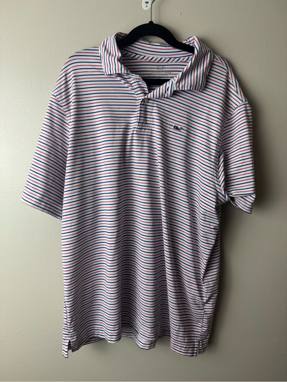 Vineyard Vines White Performance Polo with Red & Blue Stripes XL
